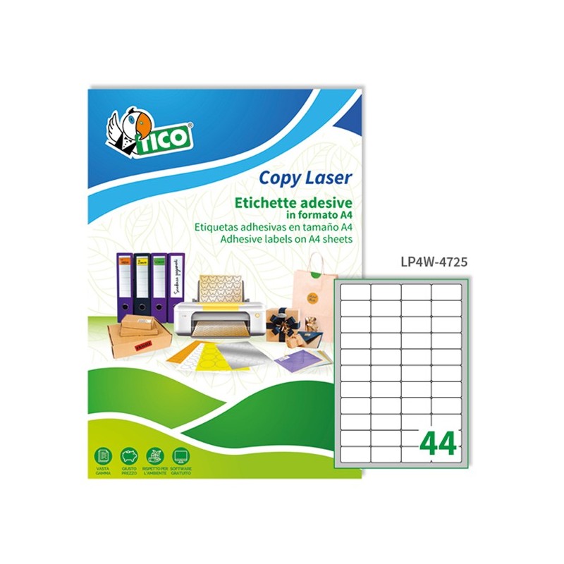 Etichette adesive LP4W in carta angoli arrotondati laser permanenti 47,5 x 25,5 mm 44 et/fg 100 fogli bianco Tico