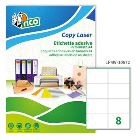 Etichette adesive LP4W in carta con margini laser permanenti 105 x 72 mm 8 et/fg 100 fogli bianco Tico