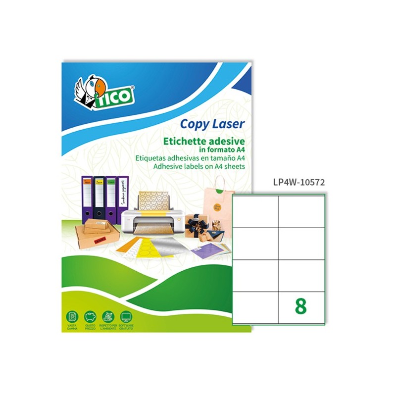 Etichette adesive LP4W in carta con margini laser permanenti 105 x 72 mm 8 et/fg 100 fogli bianco Tico