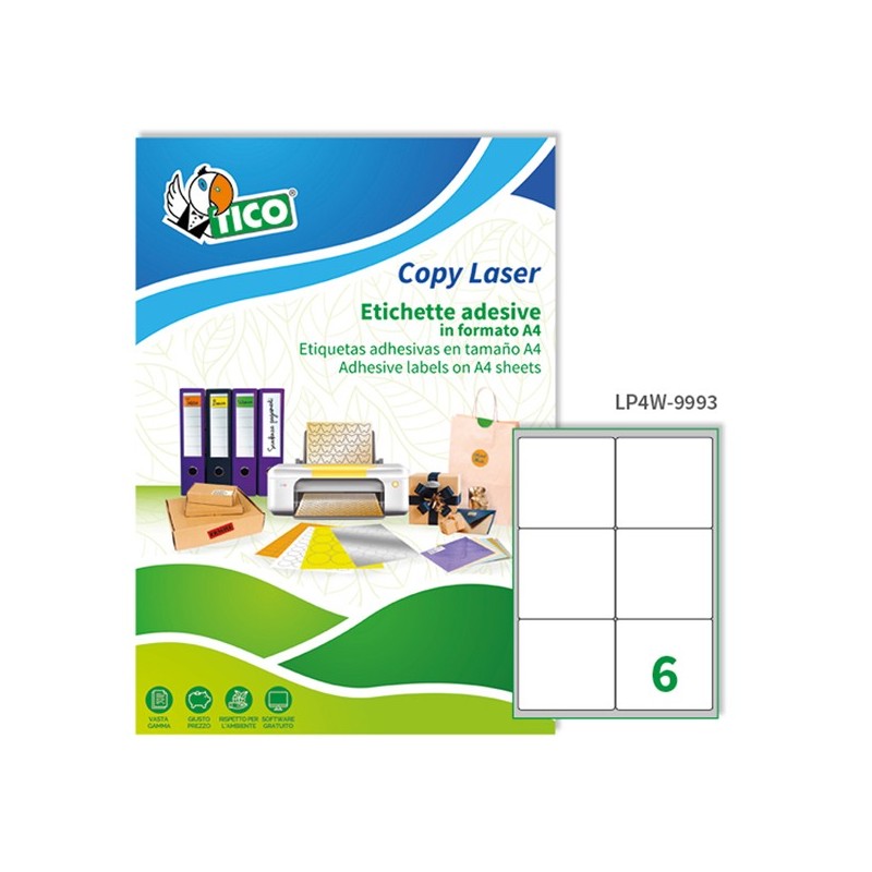 Etichette adesive LP4W in carta angoli arrotondati laser permanenti 99,1 x 93,1 mm 6 et/fg 100 fogli bianco Tico