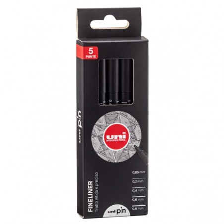 Astuccio Pin fineliner nero Uni Mitsubishi conf. 5 pezzi