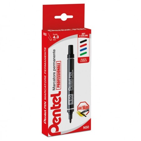 Marcatore permanente N50 punta tonda astuccio 4 colori assortiti Pentel