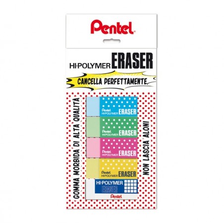 Mini gomma Hi Polymer colori assortiti Pentel blister 5 pezzi