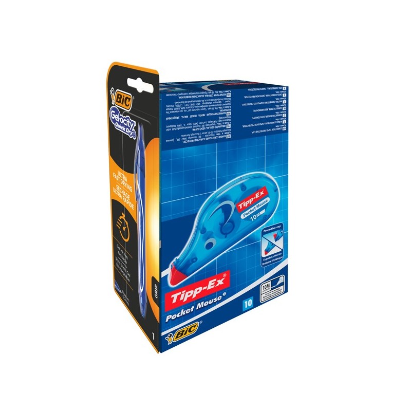 Correttore a nastro Pocket Mouse TippEx + penna Gelocity QuickDry Bic promo box 10 + 1 pezzi