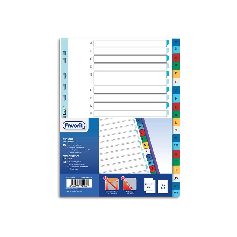 Divisori alfabetici 20 tacche PP A4 colori assortiti Favorit