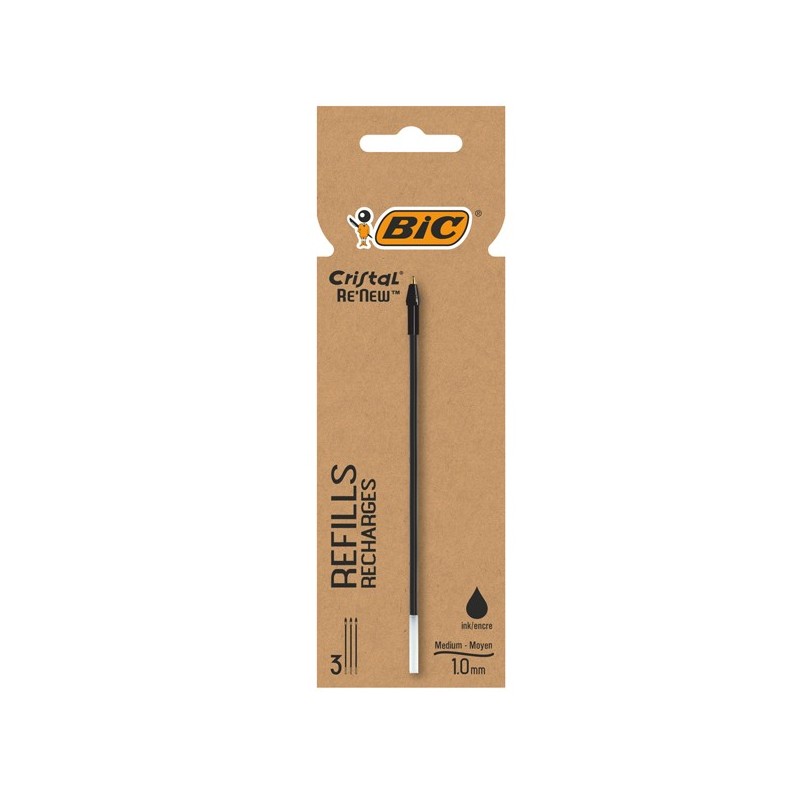 Refill sfera Cristal® Re'New punta 1 mm nero BIC® blister 3 pezzi