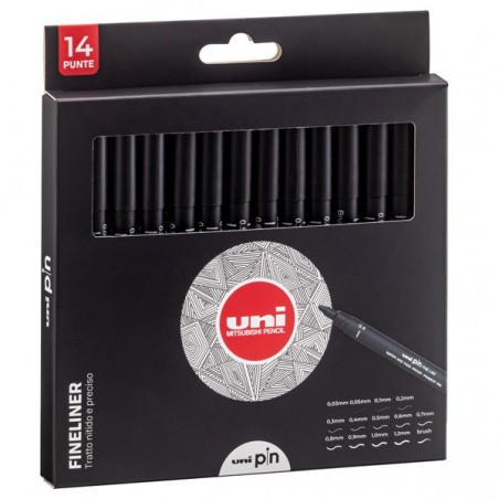 Astuccio Pin fineliner nero 14 gradazioni Uni Mitsubishi conf. 14 pezzi
