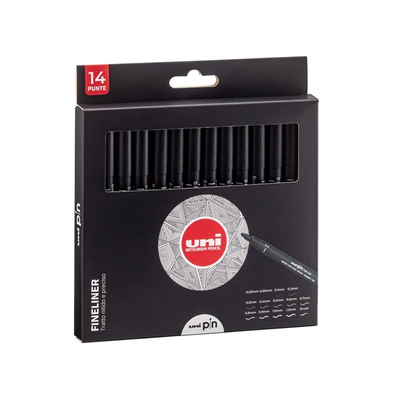 Astuccio Pin fineliner nero 14 gradazioni Uni Mitsubishi conf. 14 pezzi